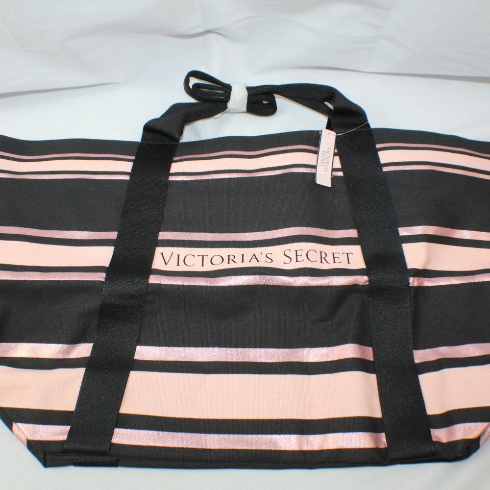 Victoria`s Secret Expandable Tote Canvas Bag Striped Pink Black NEW NWT!